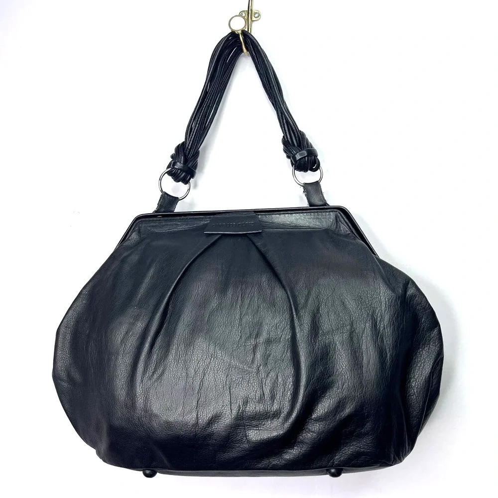 Annette Gortz Black Leather Oversized Pouch Purse Shoulder Bag Handbag Strappy - Picture 1 of 7